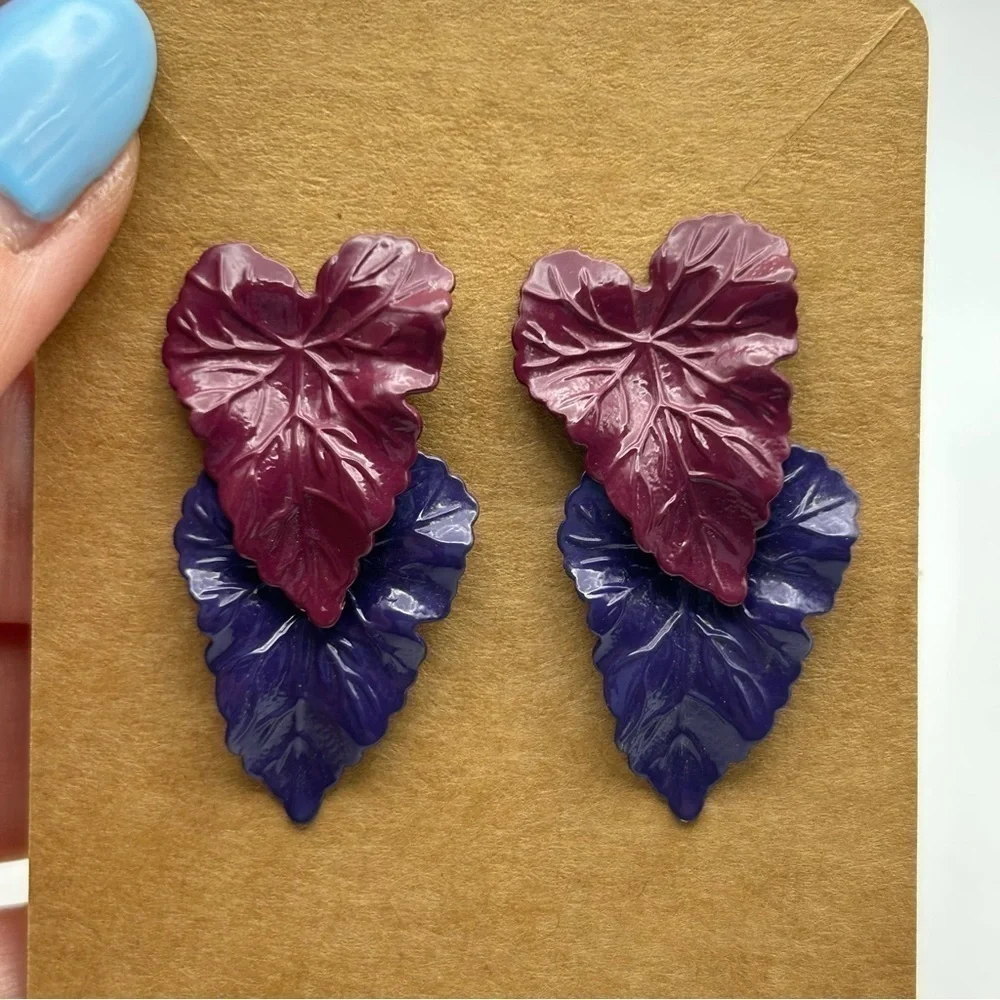 Vintage Lightweight Magenta and Purple Two Layered Textured Leaf Stud Earrings